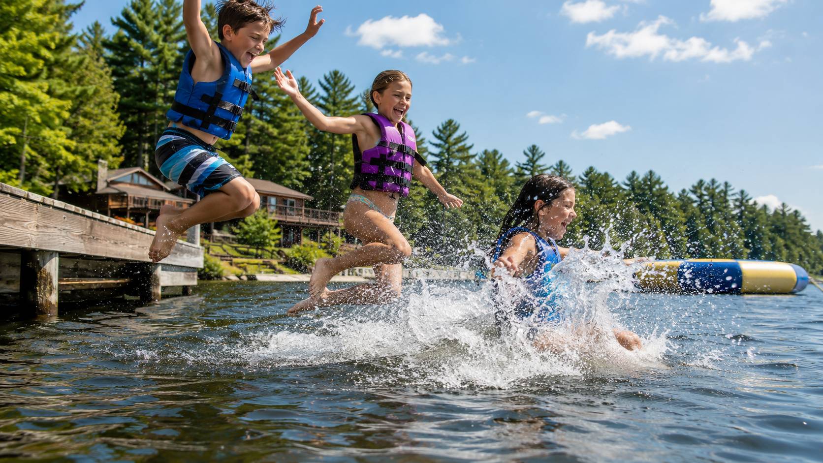 Kids jumping off a resort dock into a Muskoka lake in summer