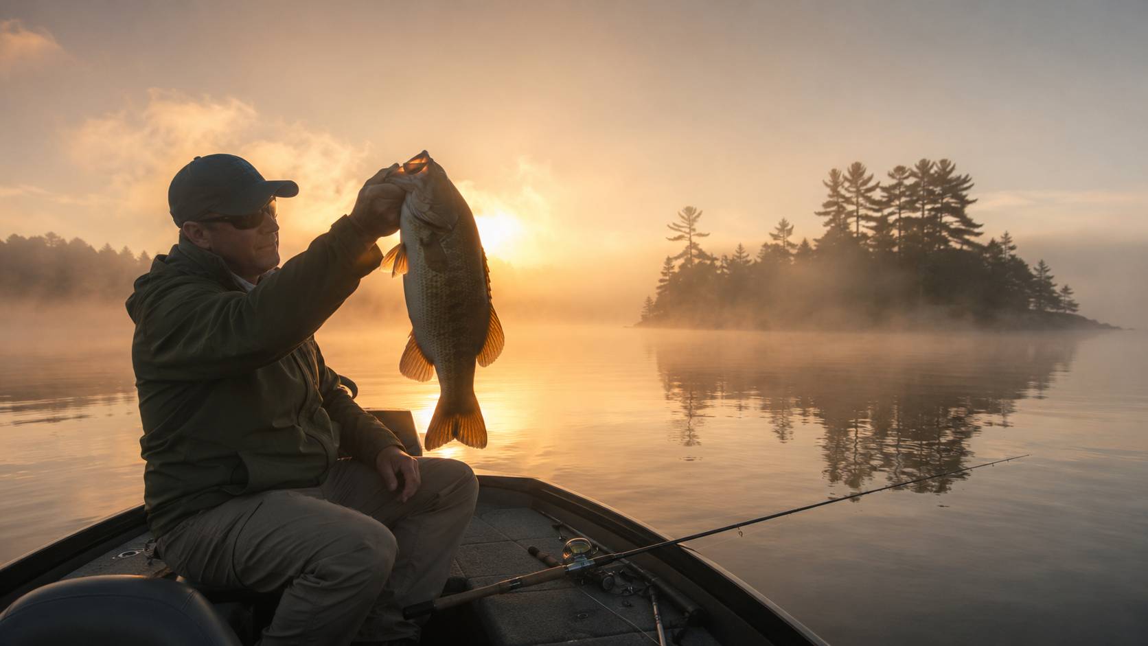 Angler holding a smallmouth bass at sunrise on a misty Muskoka lake