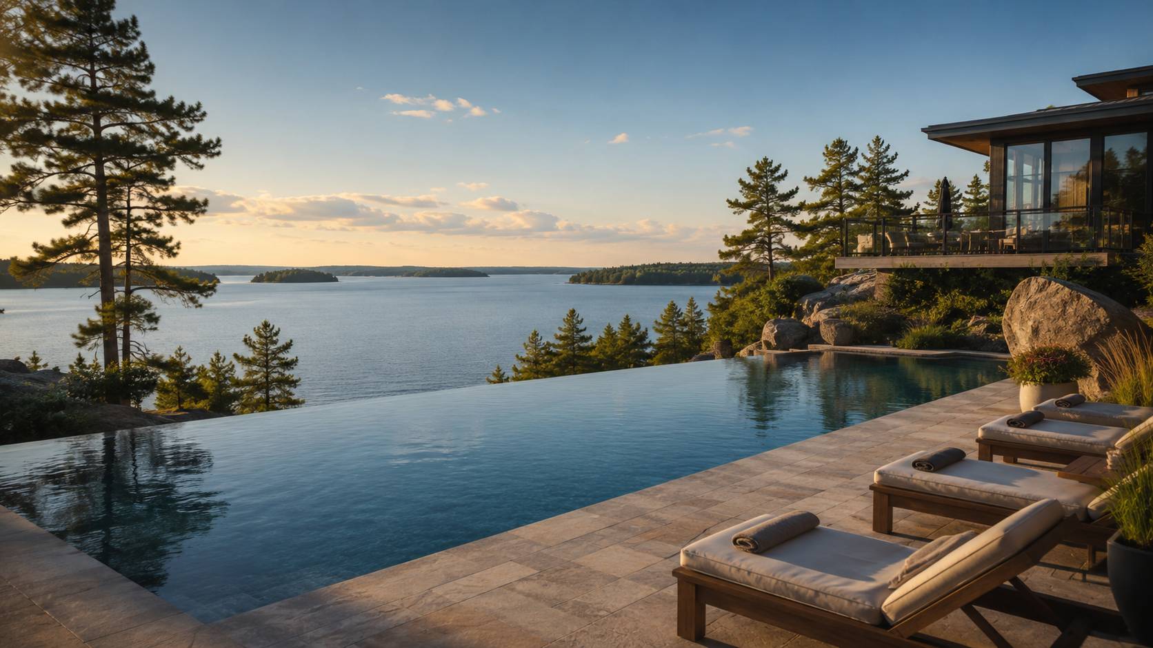 Infinity pool at a luxury Muskoka resort overlooking the lake