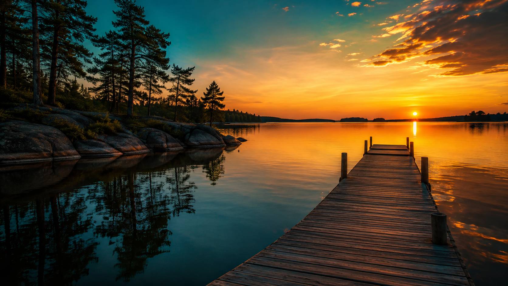 Sunset over a Muskoka lake with a wooden dock and pine trees