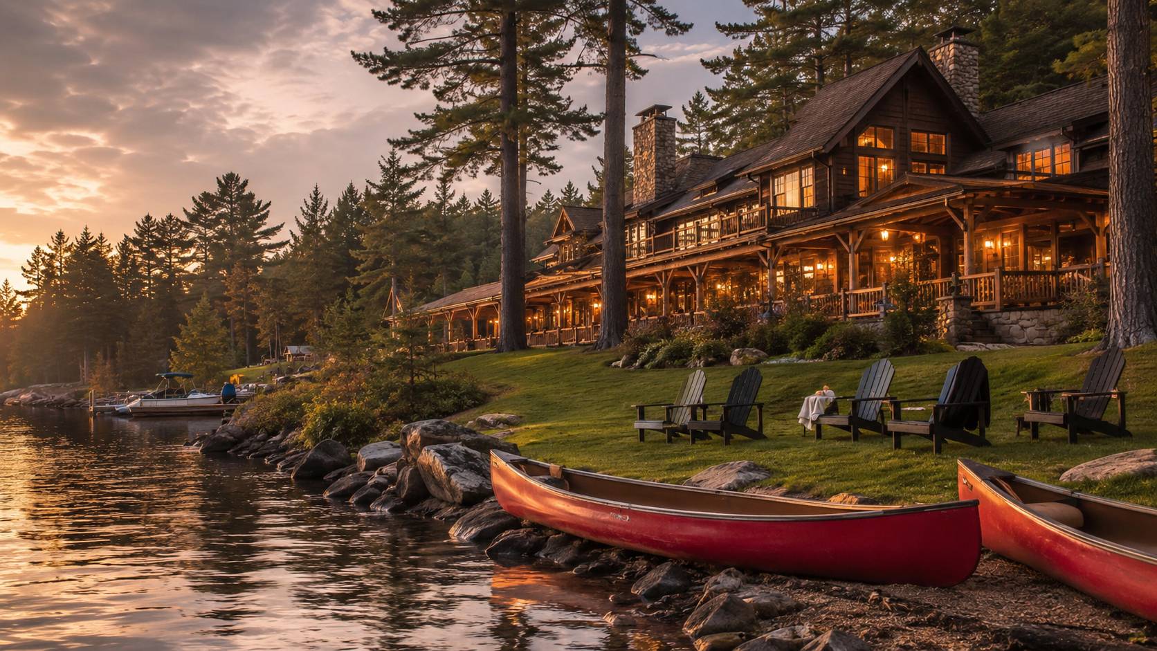 A classic Muskoka lakeside lodge with red canoes at the shore