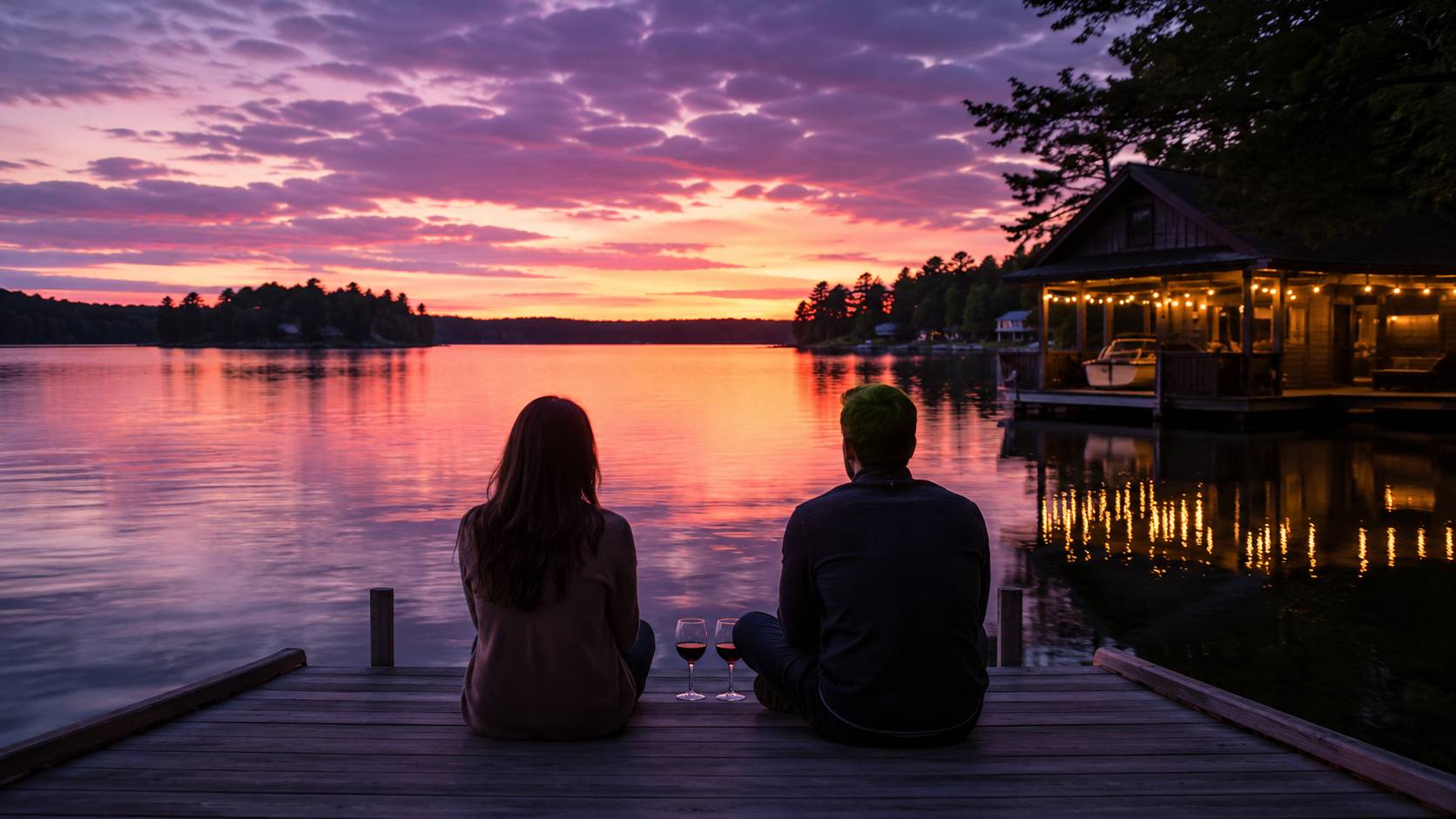 Couple watching sunset from a private dock with two glasses of wine