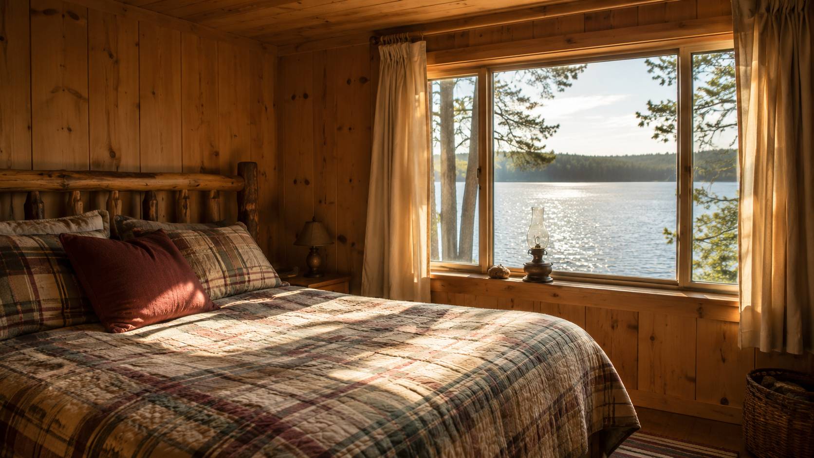 Cozy cottage interior with wood panelling and lake view window