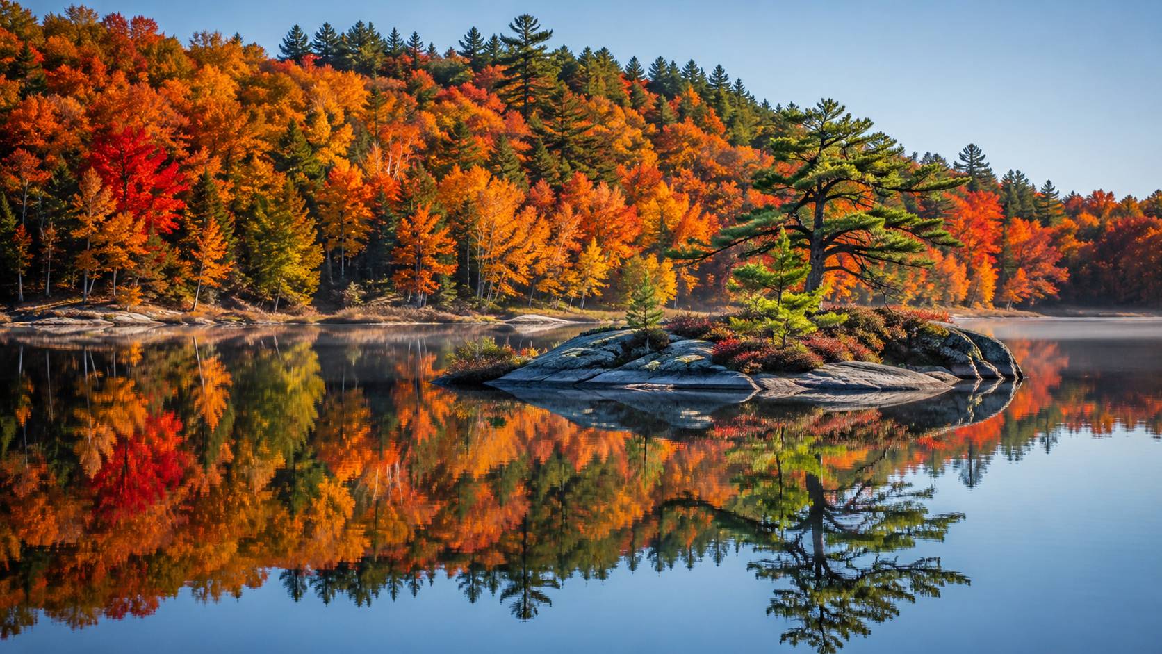 Autumn colours reflecting on a quiet Muskoka lake