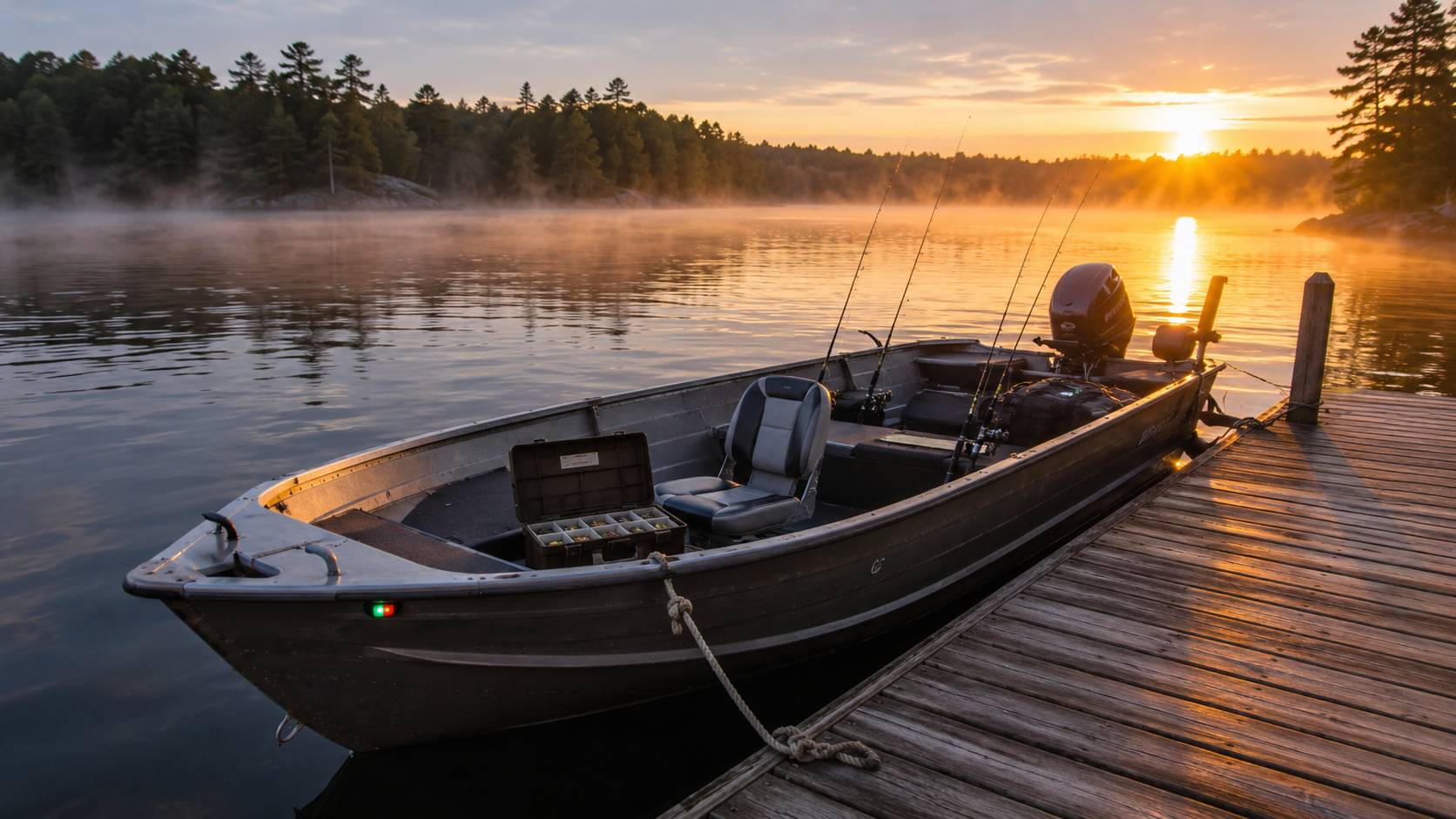 Fishing boat and rods ready at a resort dock at dawn